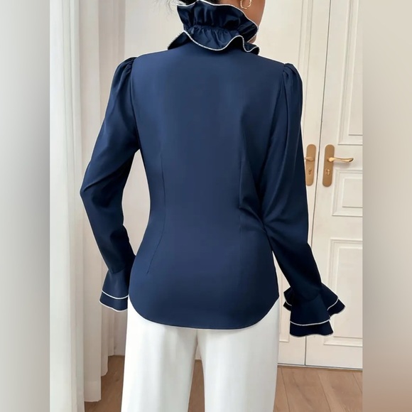 Midnight Blue Ruffle Blouse Size L - Picture 5 of 5